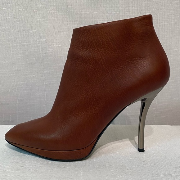 Lanvin Paris Ankle Calfskin Booties Sz US 8.5B Silver Stiletto Heel Brown - Picture 11 of 16